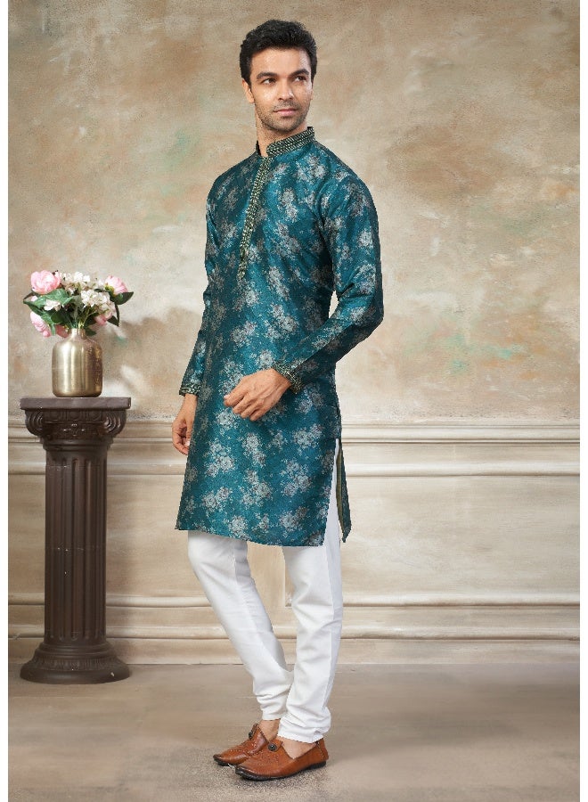 OUTLUK Teal Blue Premium Silk Kurta for Men - Image 3
